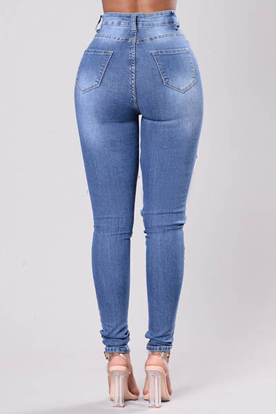 Stylish High Waist Broken Holes Blue Cotton Skinny Pants