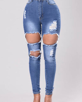 Stylish High Waist Broken Holes Blue Cotton Skinny Pants