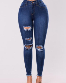 Stylish High Waist Broken Holes Dark Blue Cotton Jeans