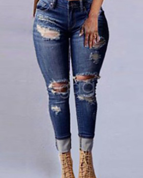 Stylish High Waist Broken Holes Dark Blue Denim Jeans