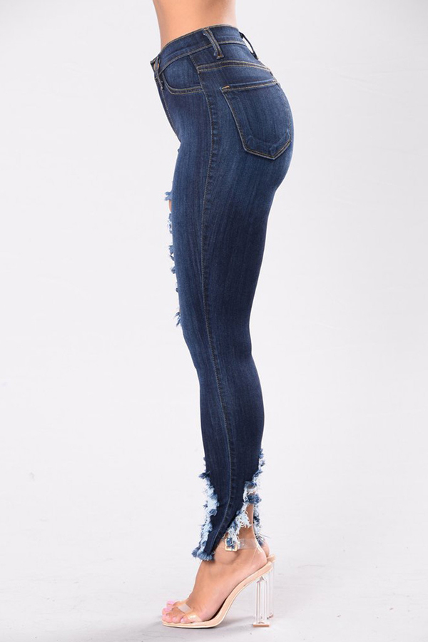 Stylish High Waist Broken Holes Dark Blue Denim Pants