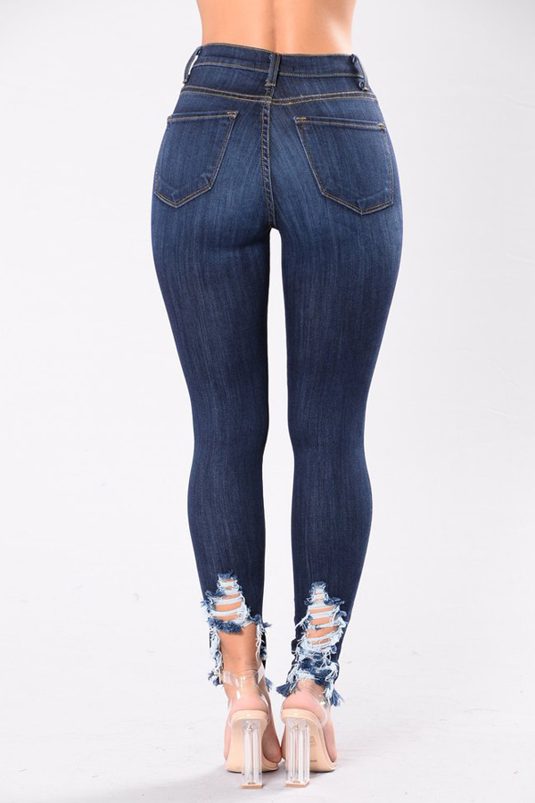 Stylish High Waist Broken Holes Dark Blue Denim Pants