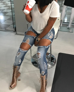 Stylish High Waist Broken Holes Denim Pants