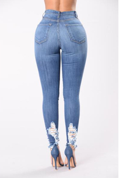 Stylish High Waist Broken Holes Light Blue Cotton Jeans