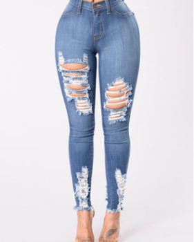 Stylish High Waist Broken Holes Light Blue Cotton Jeans