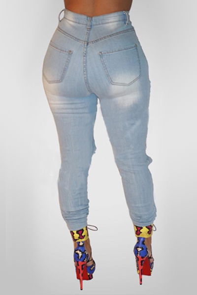 Stylish High Waist Broken Holes Light Blue Denim Pants