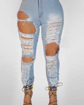 Stylish High Waist Broken Holes Light Blue Denim Pants