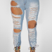 Stylish High Waist Broken Holes Light Blue Denim Pants