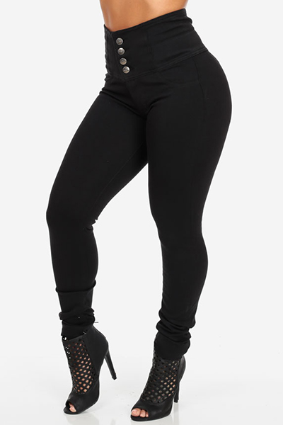 Stylish High  Waist Button Fly Black Denim Skinny Jeans