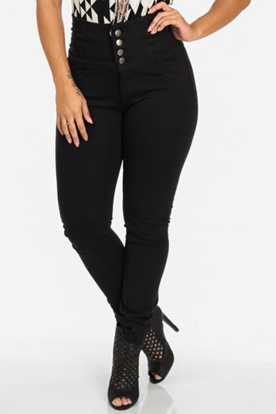 Stylish High  Waist Button Fly Black Denim Skinny Jeans