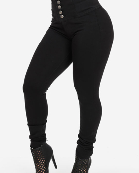 Stylish High  Waist Button Fly Black Denim Skinny Jeans