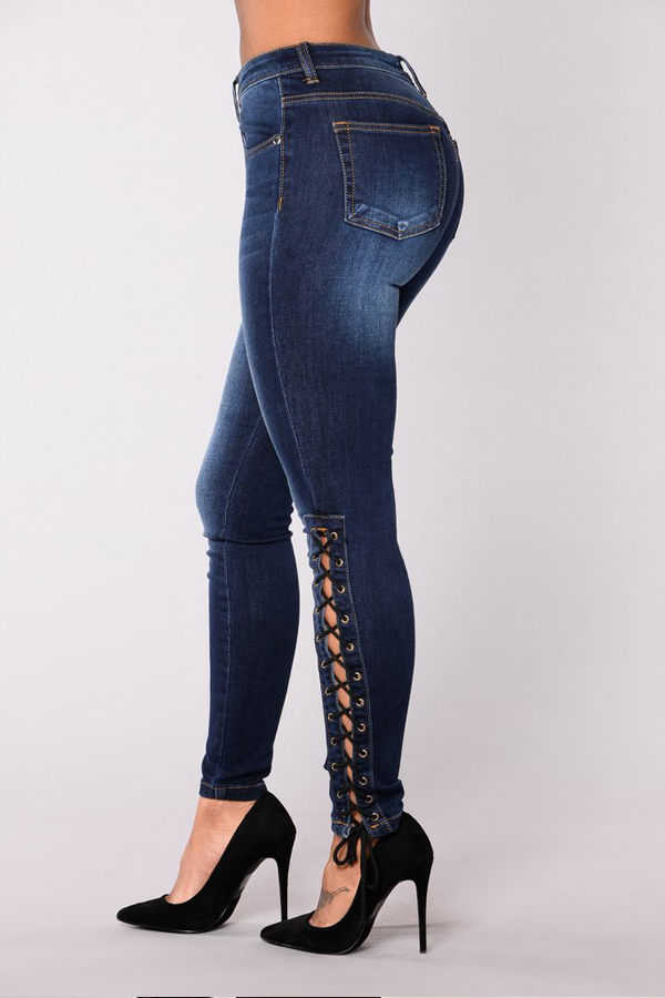 Stylish High Waist Dark Blue Denim Pants