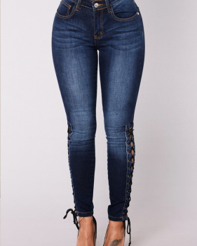 Stylish High Waist Dark Blue Denim Pants