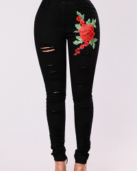 Stylish High Waist Embroidered Design Black Denim Pants