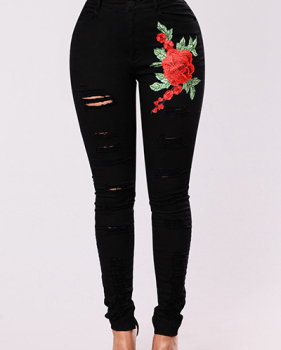 Stylish High Waist Embroidered Design Black Denim Pants