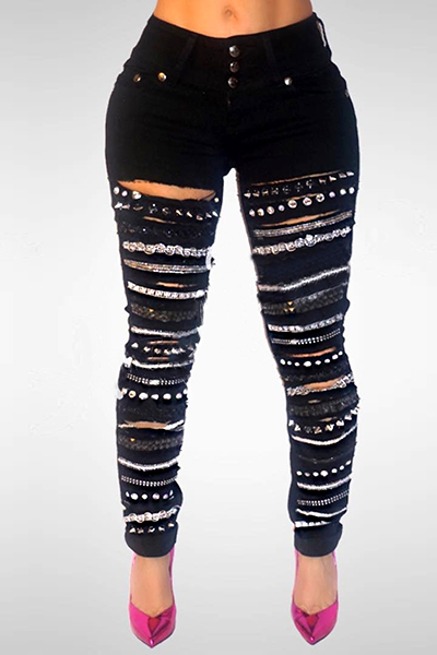 Stylish High Waist Sequined Decorative Black Denim Jeans