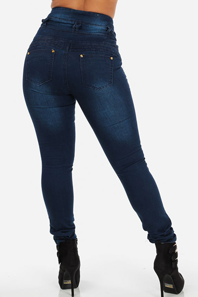 Stylish High-Waisted Button Fly Design Blue Denim Skinny Jeans