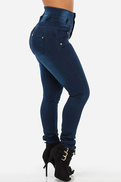 Stylish High-Waisted Button Fly Design Blue Denim Skinny Jeans