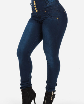 Stylish High-Waisted Button Fly Design Blue Denim Skinny Jeans