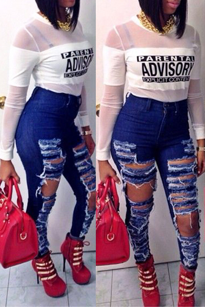 Stylish High-Waisted Hollow-out Design Blue Denim Jeans