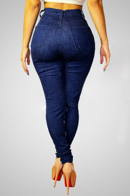 Stylish High-Waisted Hollow-out Design Blue Denim Jeans