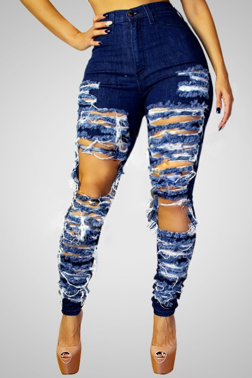 Stylish High-Waisted Hollow-out Design Blue Denim Jeans