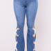 Stylish Mid Waist Broken Holes Blue Cotton Pants