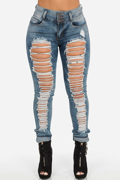 Stylish Mid Waist Broken Holes Blue Denim Skinny Jeans