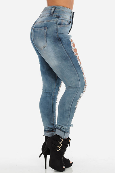 Stylish Mid Waist Broken Holes Blue Denim Skinny Jeans