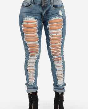 Stylish Mid Waist Broken Holes Blue Denim Skinny Jeans