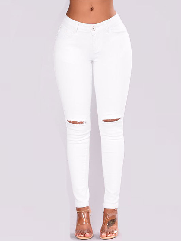 Stylish Mid Waist Broken Holes White Denim Pants