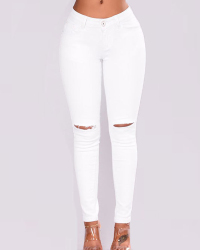 Stylish Mid Waist Broken Holes White Denim Pants