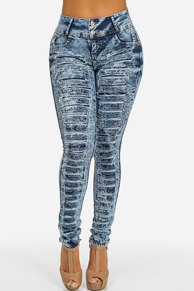 Stylish Mid Waist Hollow-out Design Blue Denim Skinny Jeans