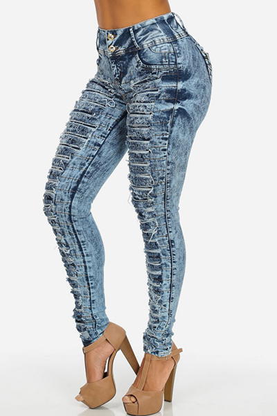 Stylish Mid Waist Hollow-out Design Blue Denim Skinny Jeans