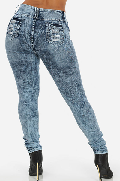 Stylish Mid Waist Hollow-out Design Blue Denim Skinny Jeans