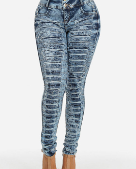 Stylish Mid Waist Hollow-out Design Blue Denim Skinny Jeans