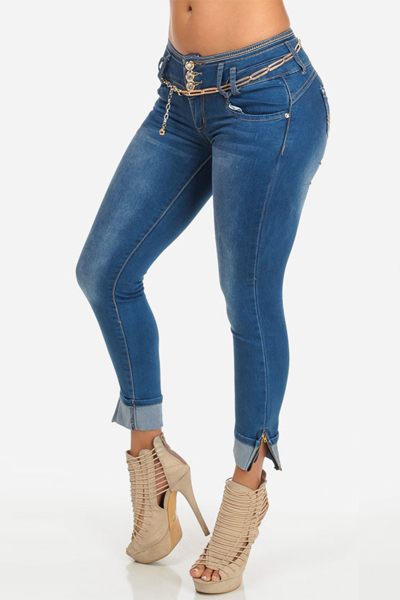 Stylish Mid Waist Zipper Design Blue Denim Skinny Jeans