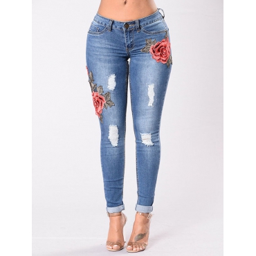 Trendy High Waist Broken Holes Blue Denim Pants