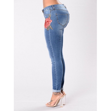 Trendy High Waist Broken Holes Blue Denim Pants