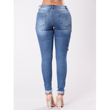 Trendy High Waist Broken Holes Blue Denim Pants