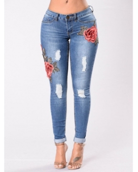 Trendy High Waist Broken Holes Blue Denim Pants