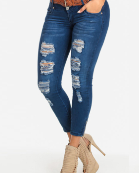 Trendy High Waist Broken Holes Blue Denim Skinny Jeans (Without Belt)