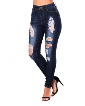 Trendy High Waist Broken Holes Dark Blue Denim Pants