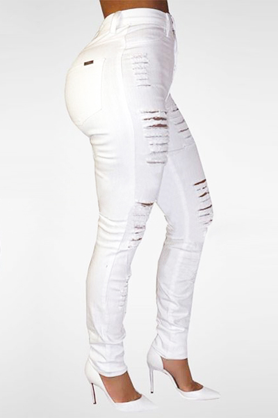 Trendy High Waist Broken Holes White Denim Skinny Jeans