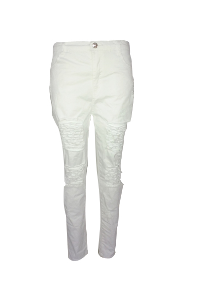 Trendy High Waist Broken Holes White Denim Skinny Jeans