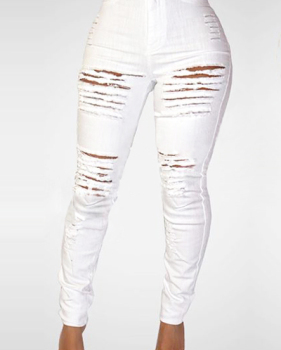 Trendy High Waist Broken Holes White Denim Skinny Jeans