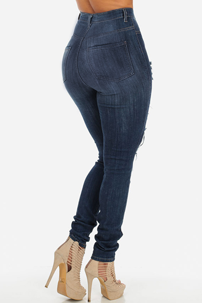 Trendy High Waist  Knee Broken Holes Blue Denim Skinny Jeans