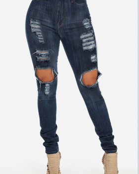 Trendy High Waist  Knee Broken Holes Blue Denim Skinny Jeans