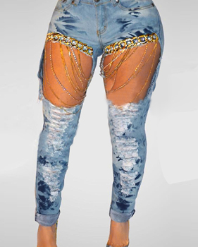 Trendy High Waist Tassel Hollow-out Light Blue Cotton Jeans