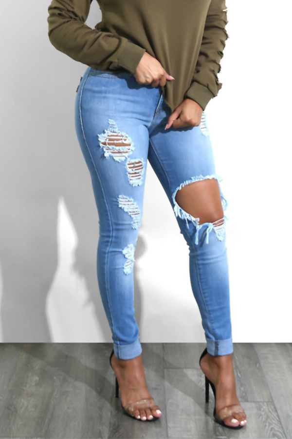 Trendy Mid Waist Broken Holes Blue Denim Pants